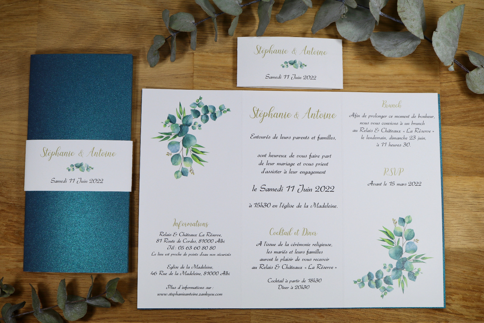 faire-part mariage eucalyptus : réalisation Atelier Camus